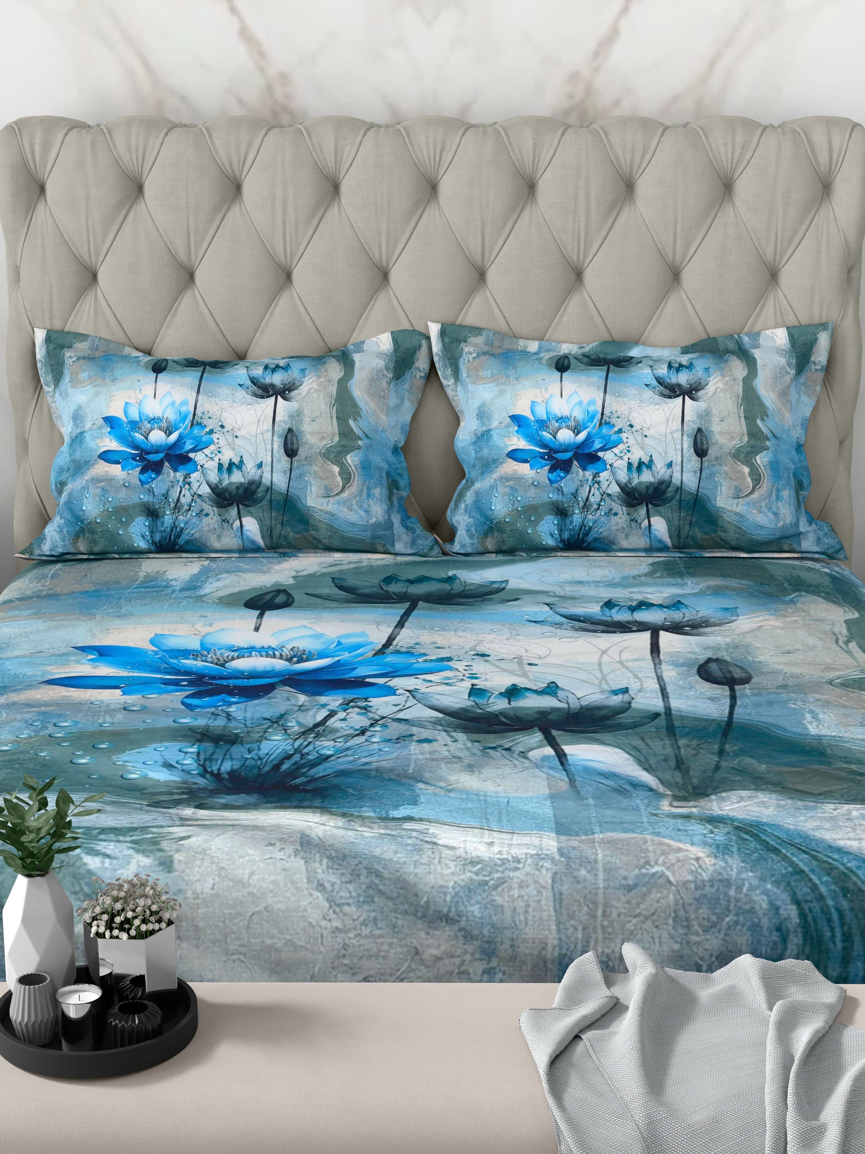 A-5079 - Poly Cotton 130 GSM Queen Size Digital Print Double Bedsheet (228X254) with Two Pillow Covers (43X69)