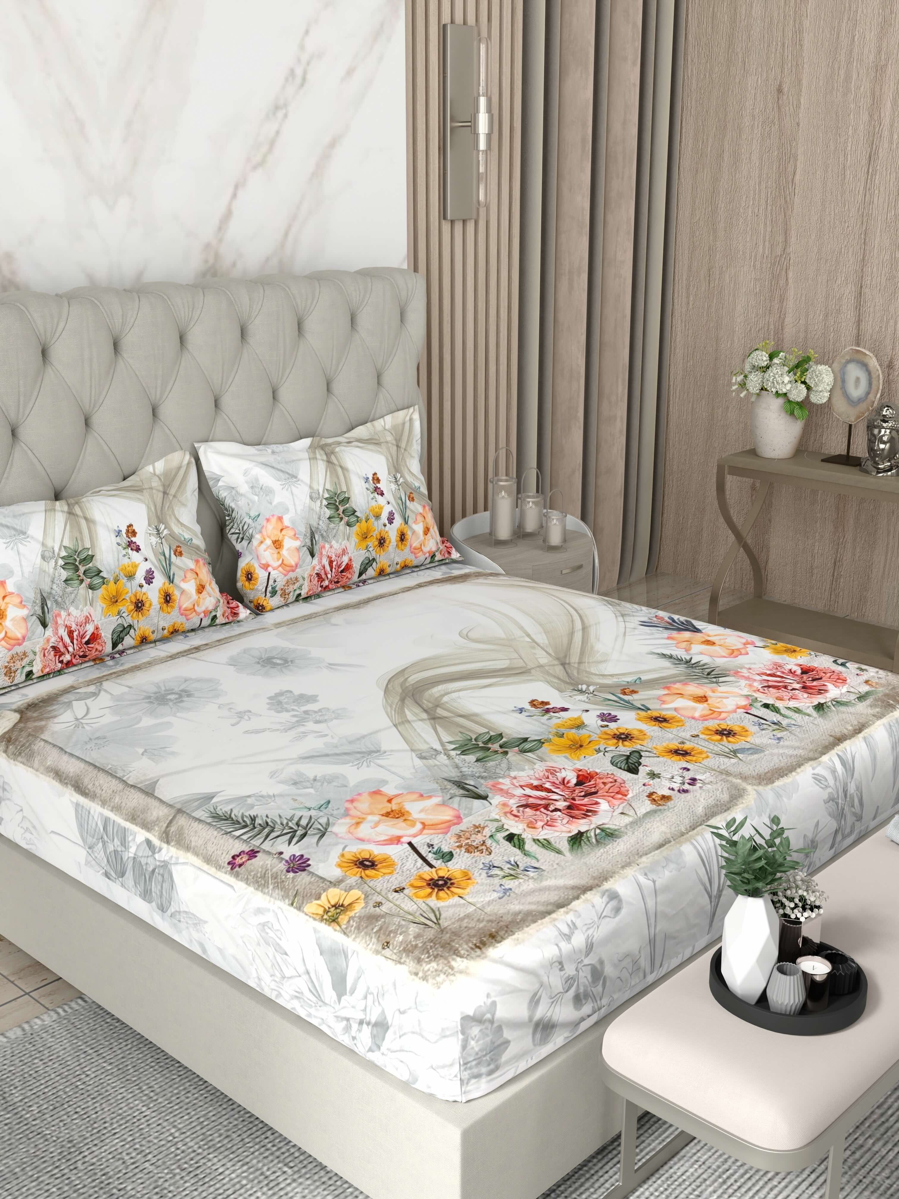 A-5080 - Poly Cotton 130 GSM Queen Size Digital Print Double Bedsheet (228X254) with Two Pillow Covers (43X69)