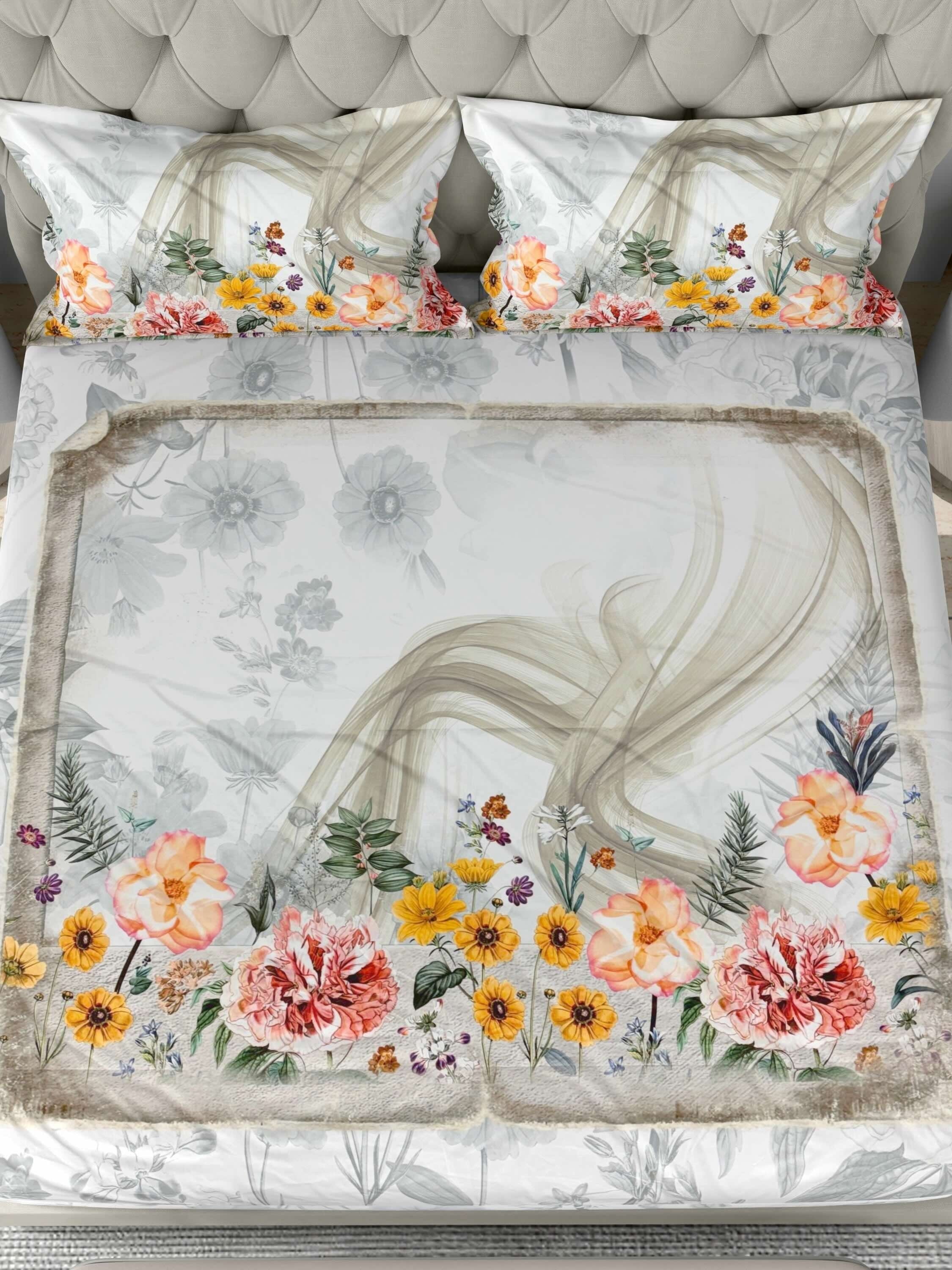 A-5080 - Poly Cotton 130 GSM Queen Size Digital Print Double Bedsheet (228X254) with Two Pillow Covers (43X69)