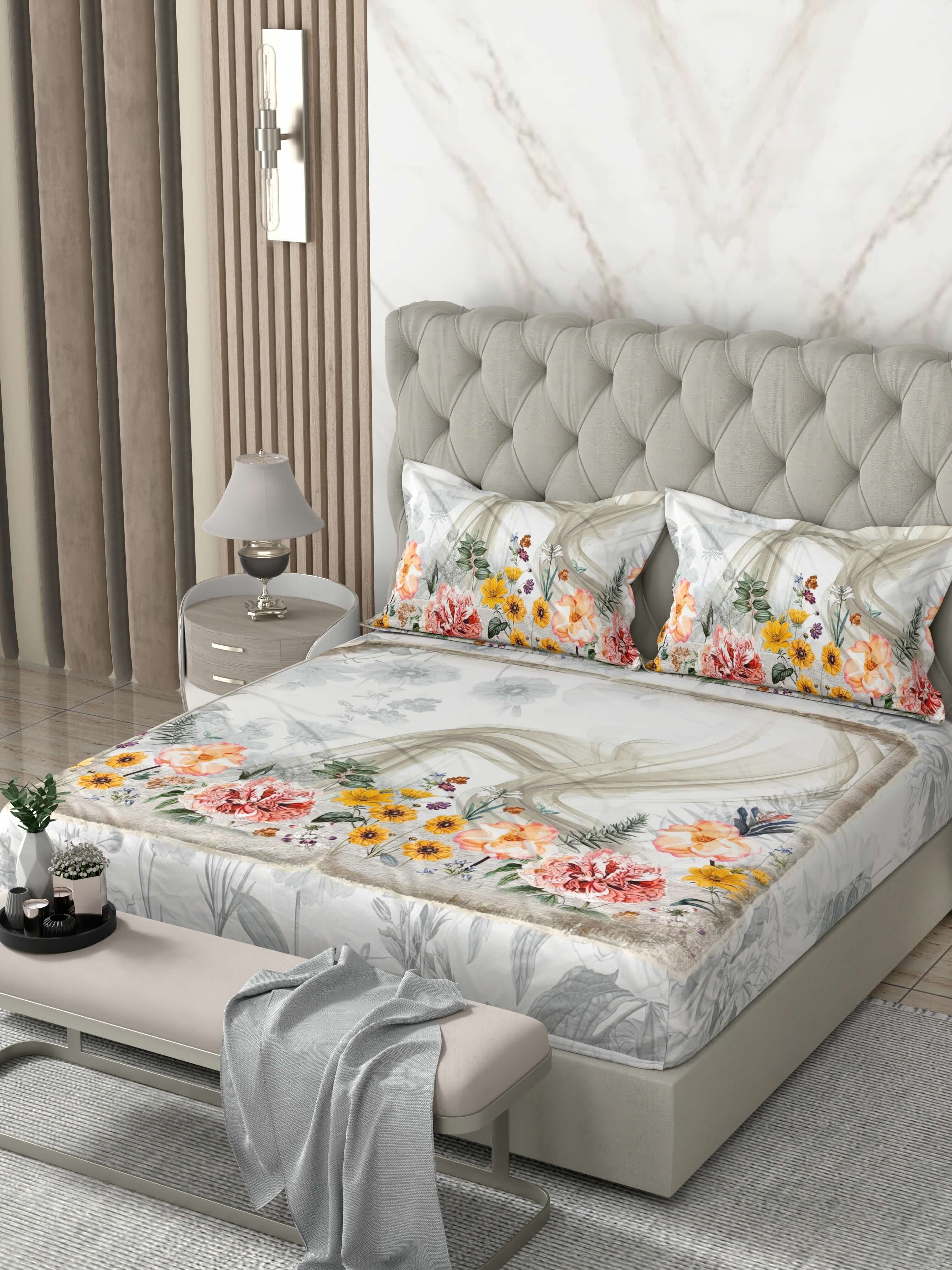 A-5080 - Poly Cotton 130 GSM Queen Size Digital Print Double Bedsheet (228X254) with Two Pillow Covers (43X69)