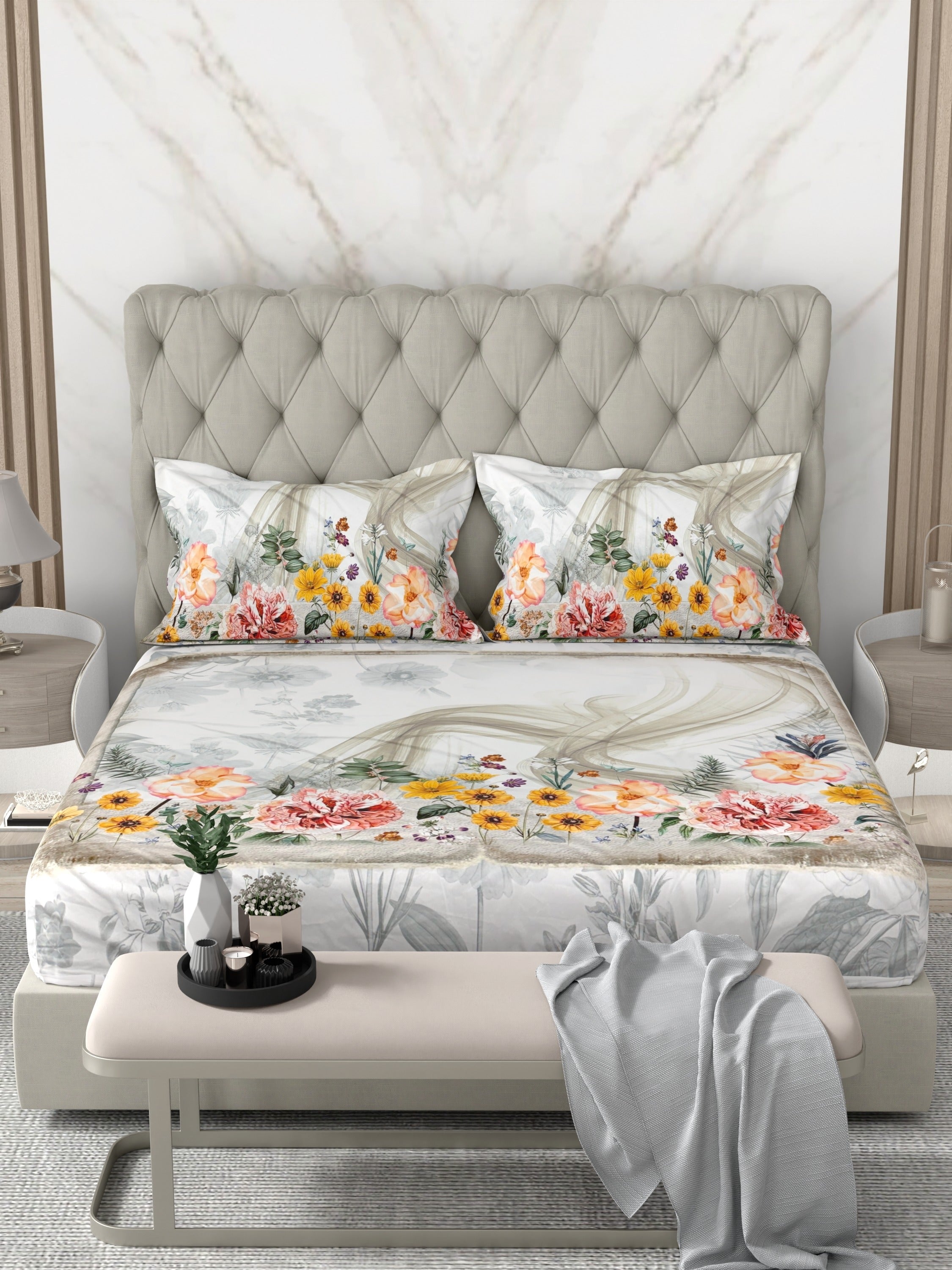 A-5080 - Poly Cotton 130 GSM Queen Size Digital Print Double Bedsheet (228X254) with Two Pillow Covers (43X69)