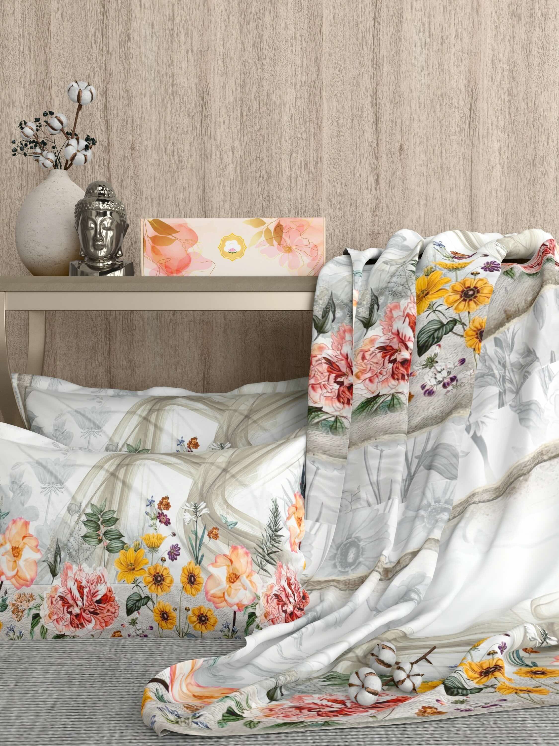 A-5080 - Poly Cotton 130 GSM Queen Size Digital Print Double Bedsheet (228X254) with Two Pillow Covers (43X69)