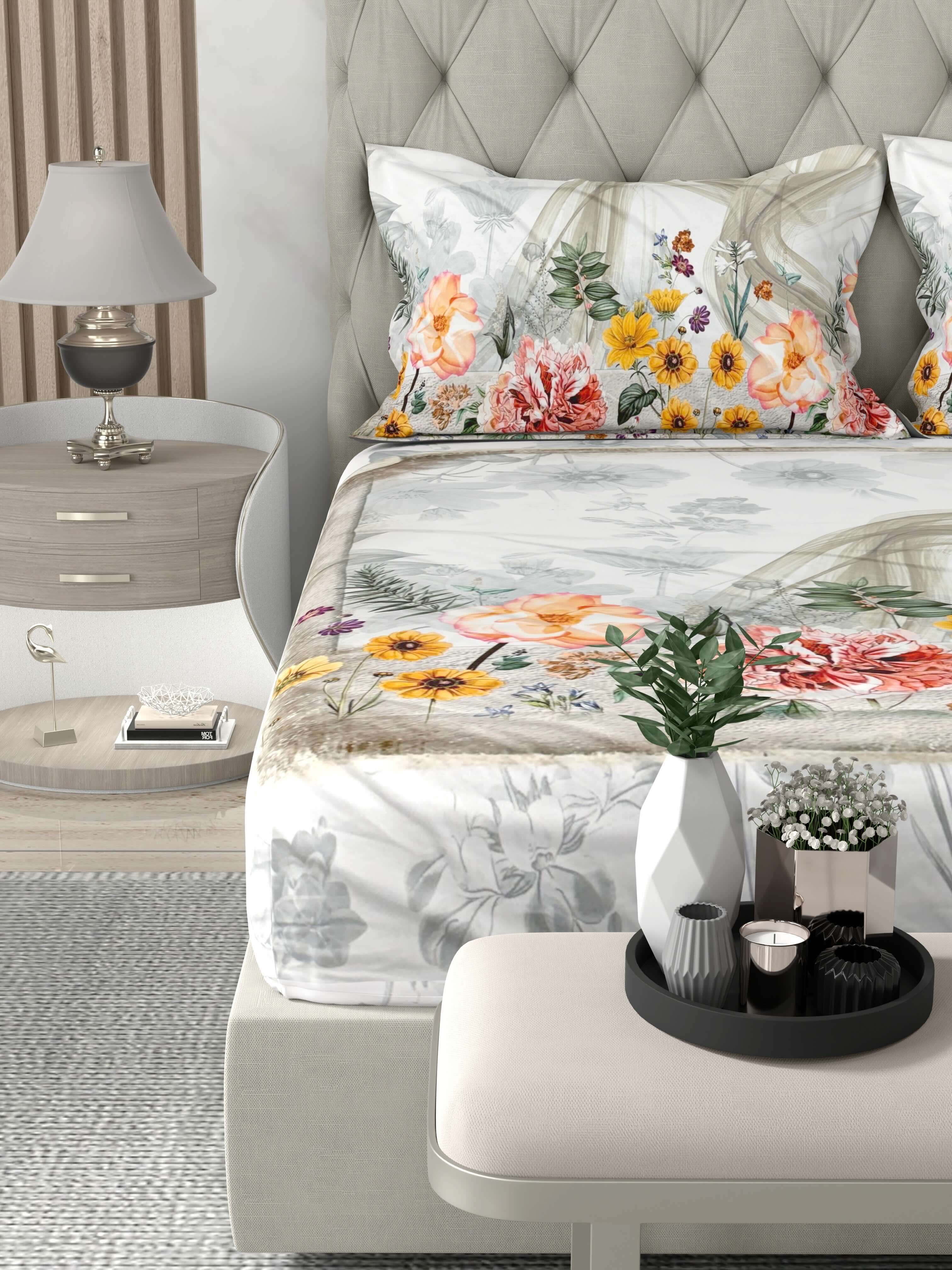 A-5080 - Poly Cotton 130 GSM Queen Size Digital Print Double Bedsheet (228X254) with Two Pillow Covers (43X69)