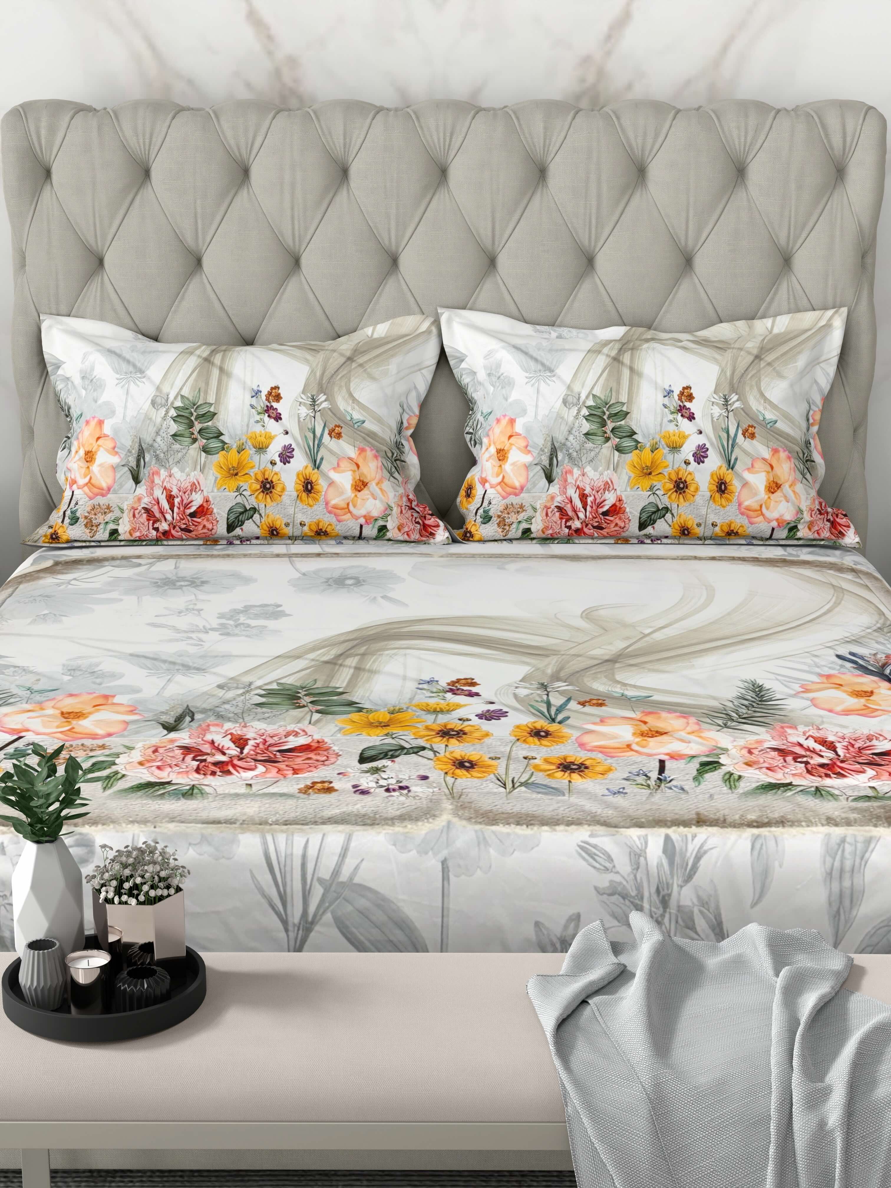 A-5080 - Poly Cotton 130 GSM Queen Size Digital Print Double Bedsheet (228X254) with Two Pillow Covers (43X69)