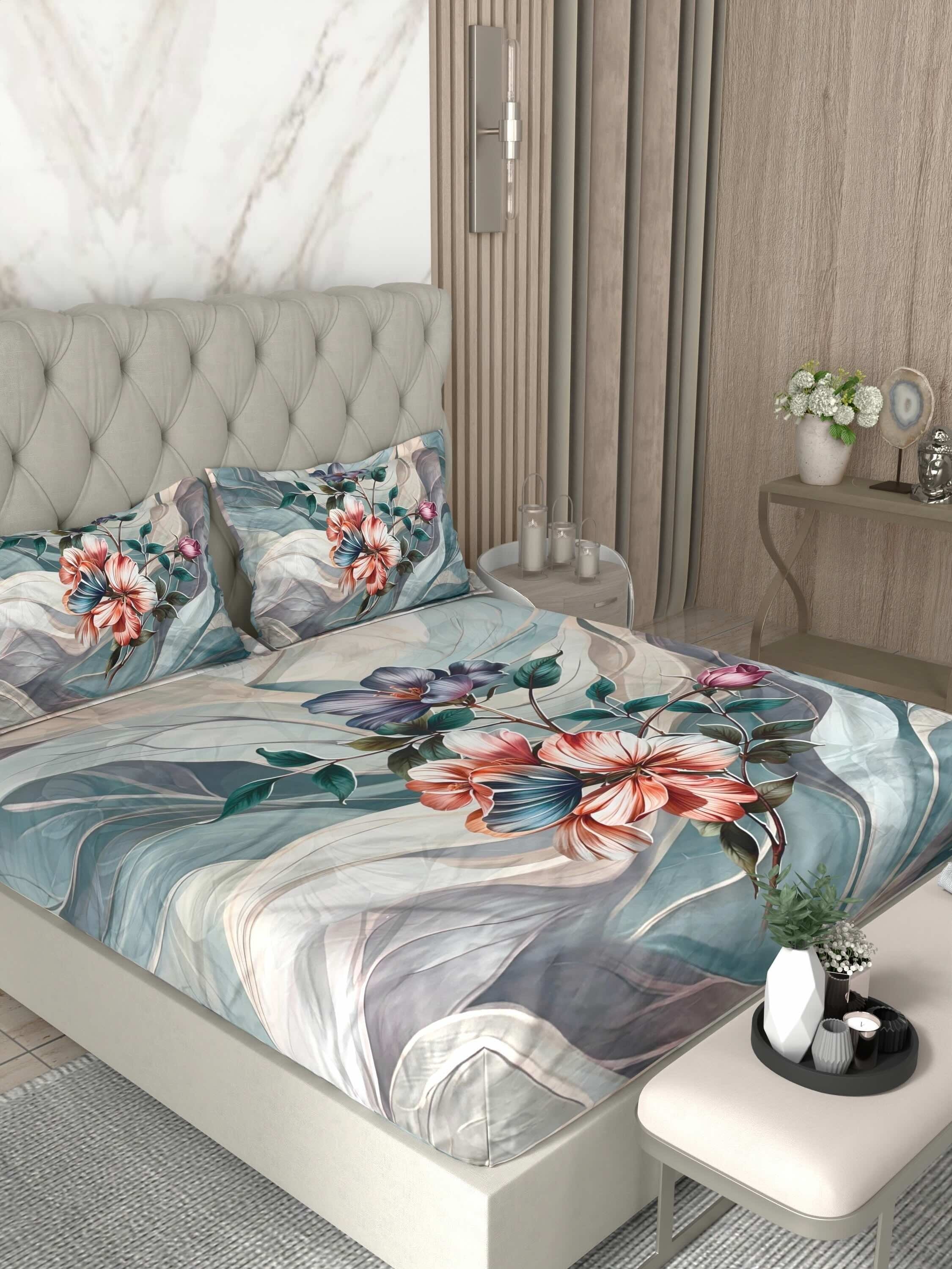 A-5081 - Poly Cotton 130 GSM Queen Size Digital Print Double Bedsheet (228X254) with Two Pillow Covers (43X69)