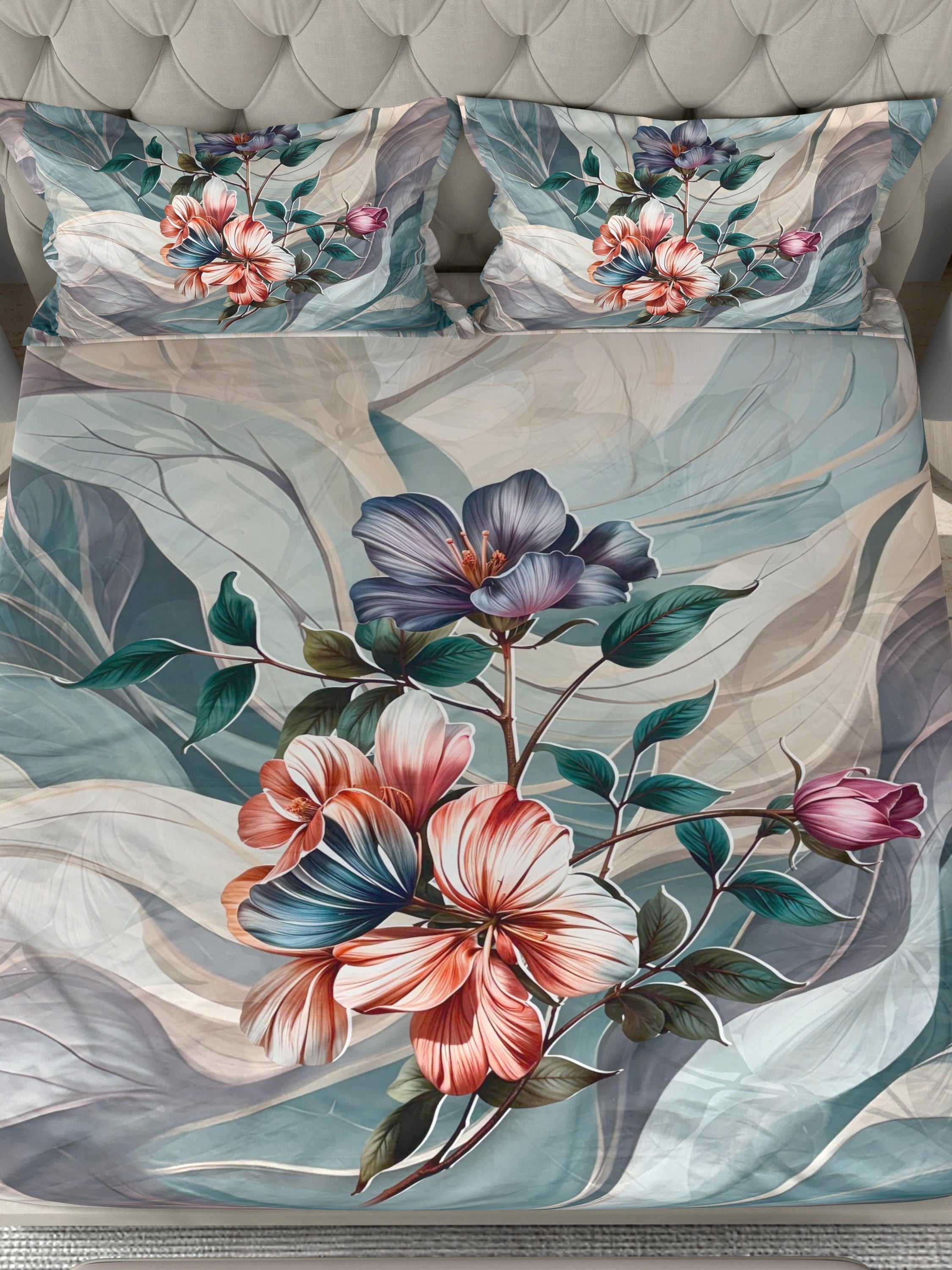 A-5081 - Poly Cotton 130 GSM Queen Size Digital Print Double Bedsheet (228X254) with Two Pillow Covers (43X69)