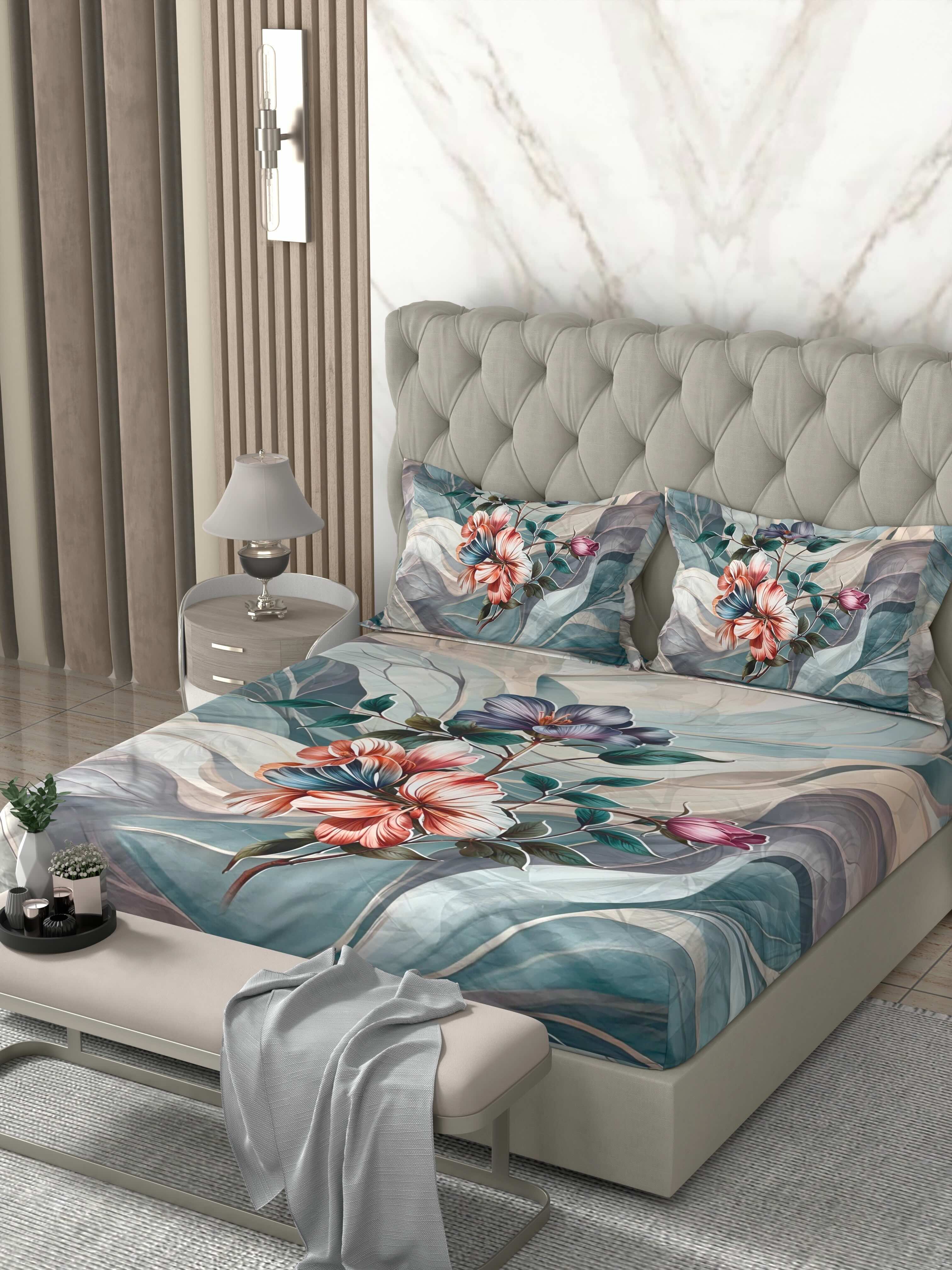 A-5081 - Poly Cotton 130 GSM Queen Size Digital Print Double Bedsheet (228X254) with Two Pillow Covers (43X69)