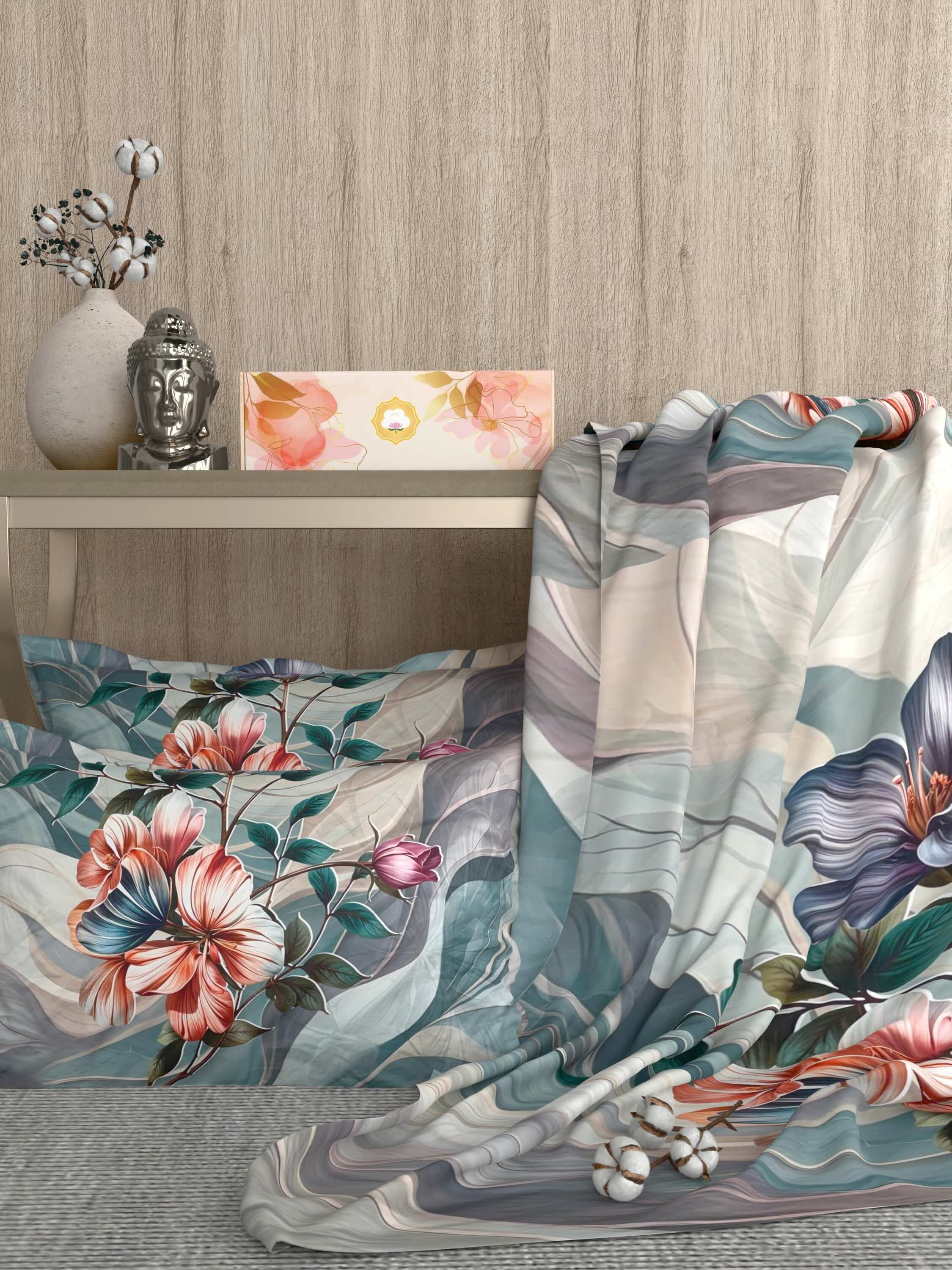 A-5081 - Poly Cotton 130 GSM Queen Size Digital Print Double Bedsheet (228X254) with Two Pillow Covers (43X69)