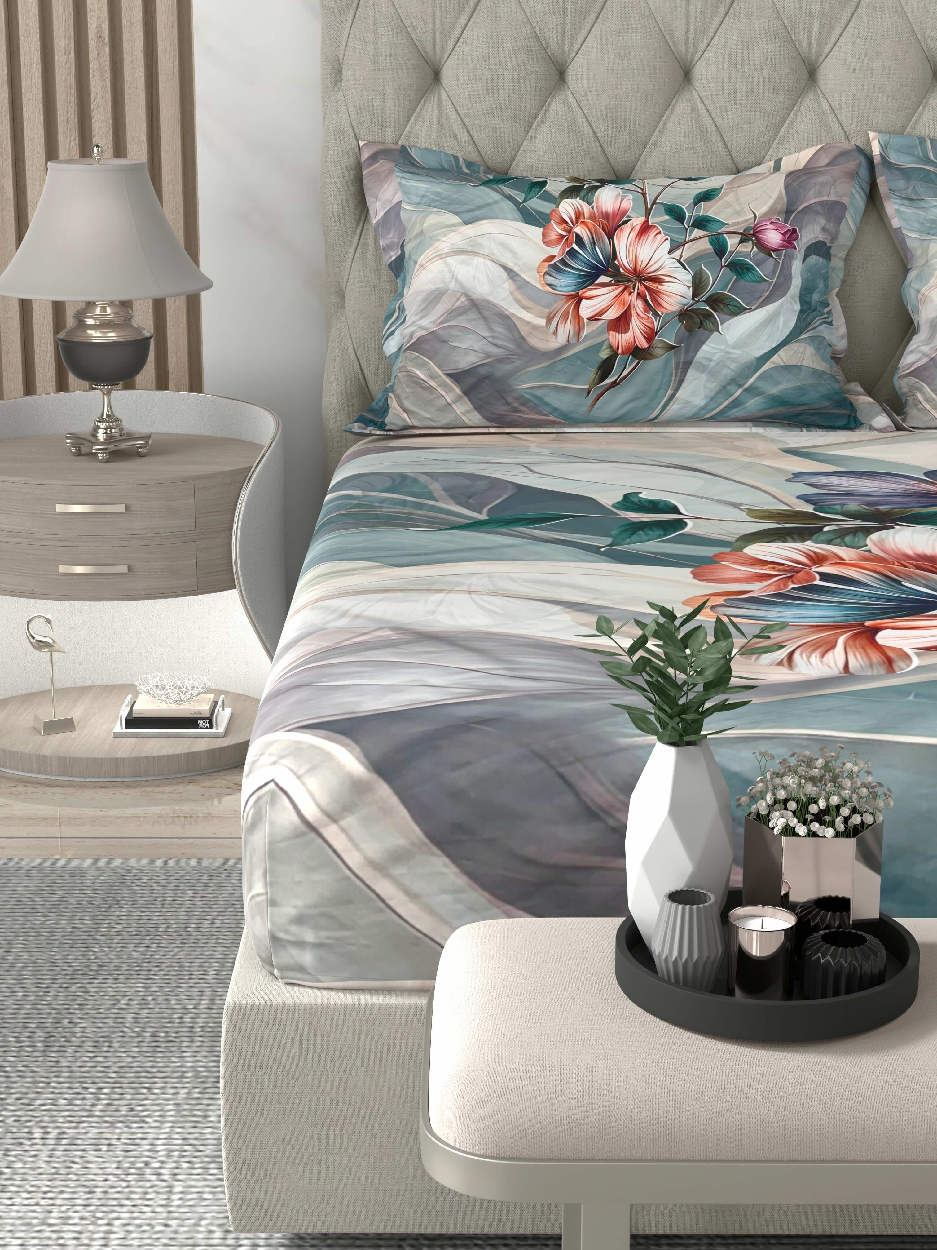 A-5081 - Poly Cotton 130 GSM Queen Size Digital Print Double Bedsheet (228X254) with Two Pillow Covers (43X69)