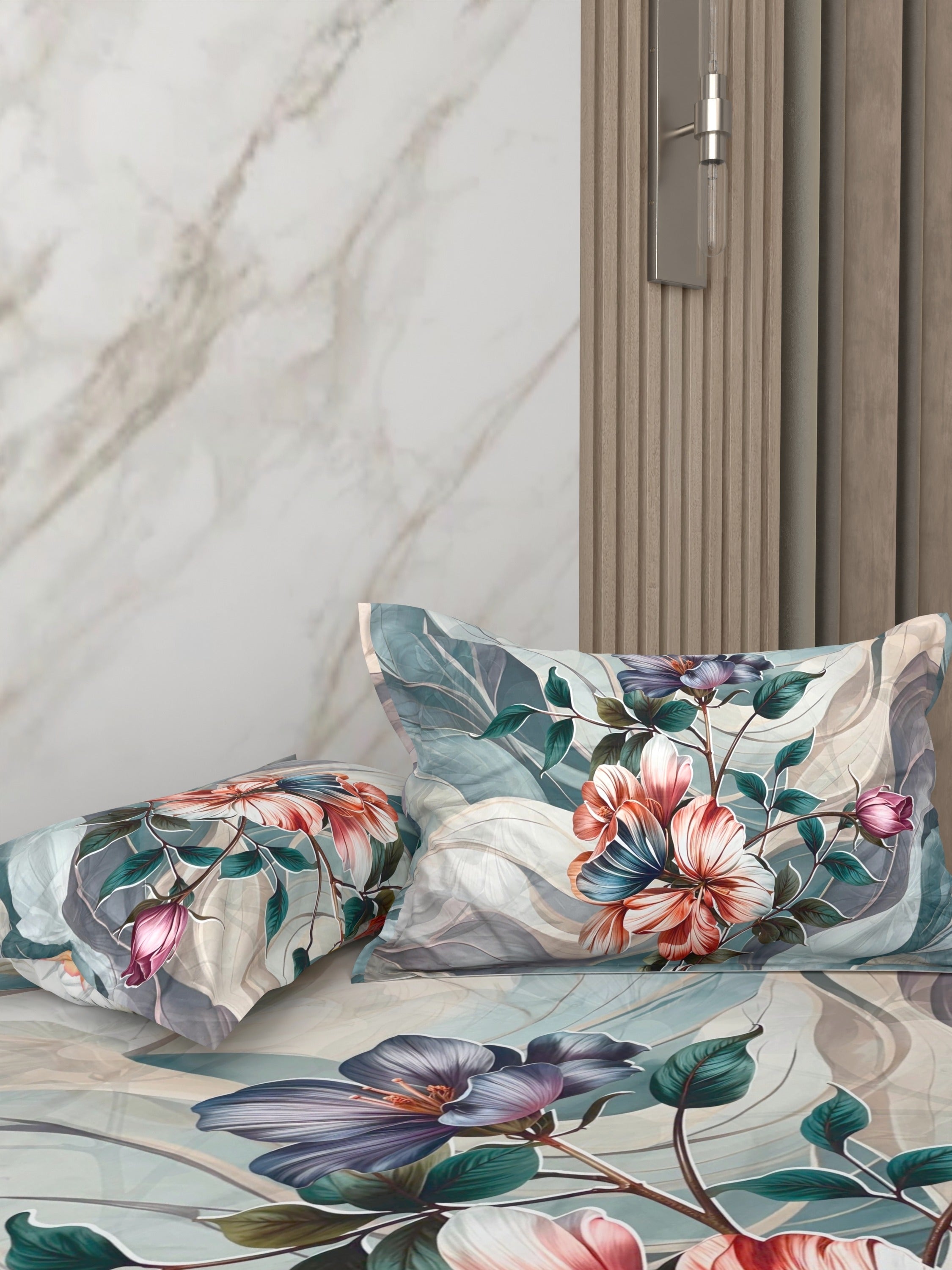 A-5081 - Poly Cotton 130 GSM Queen Size Digital Print Double Bedsheet (228X254) with Two Pillow Covers (43X69)