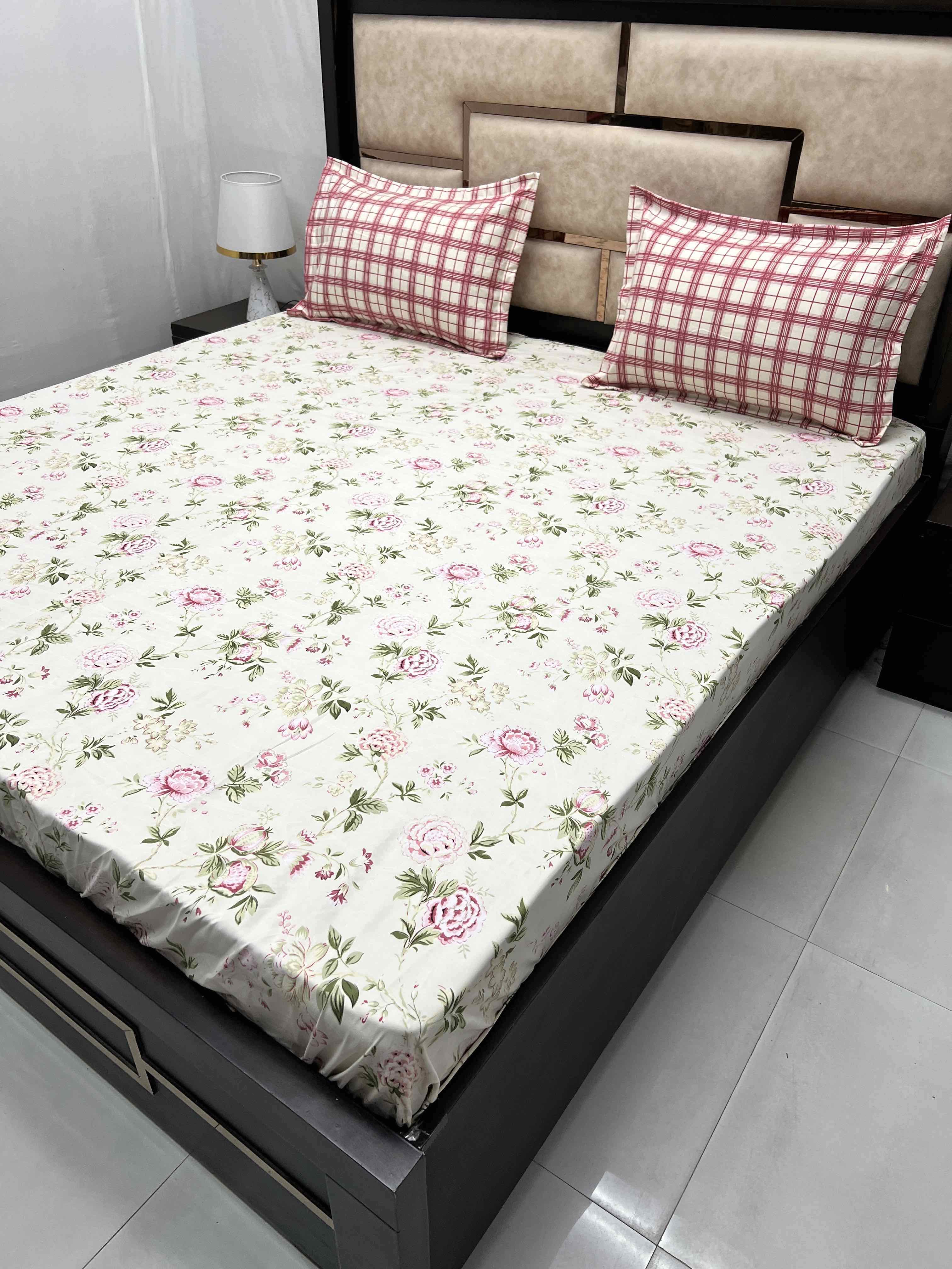 A-3453 - Poly Cotton 130 GSM King Size Double Bedsheet (274X274) with Two Pillow Covers (50X76)