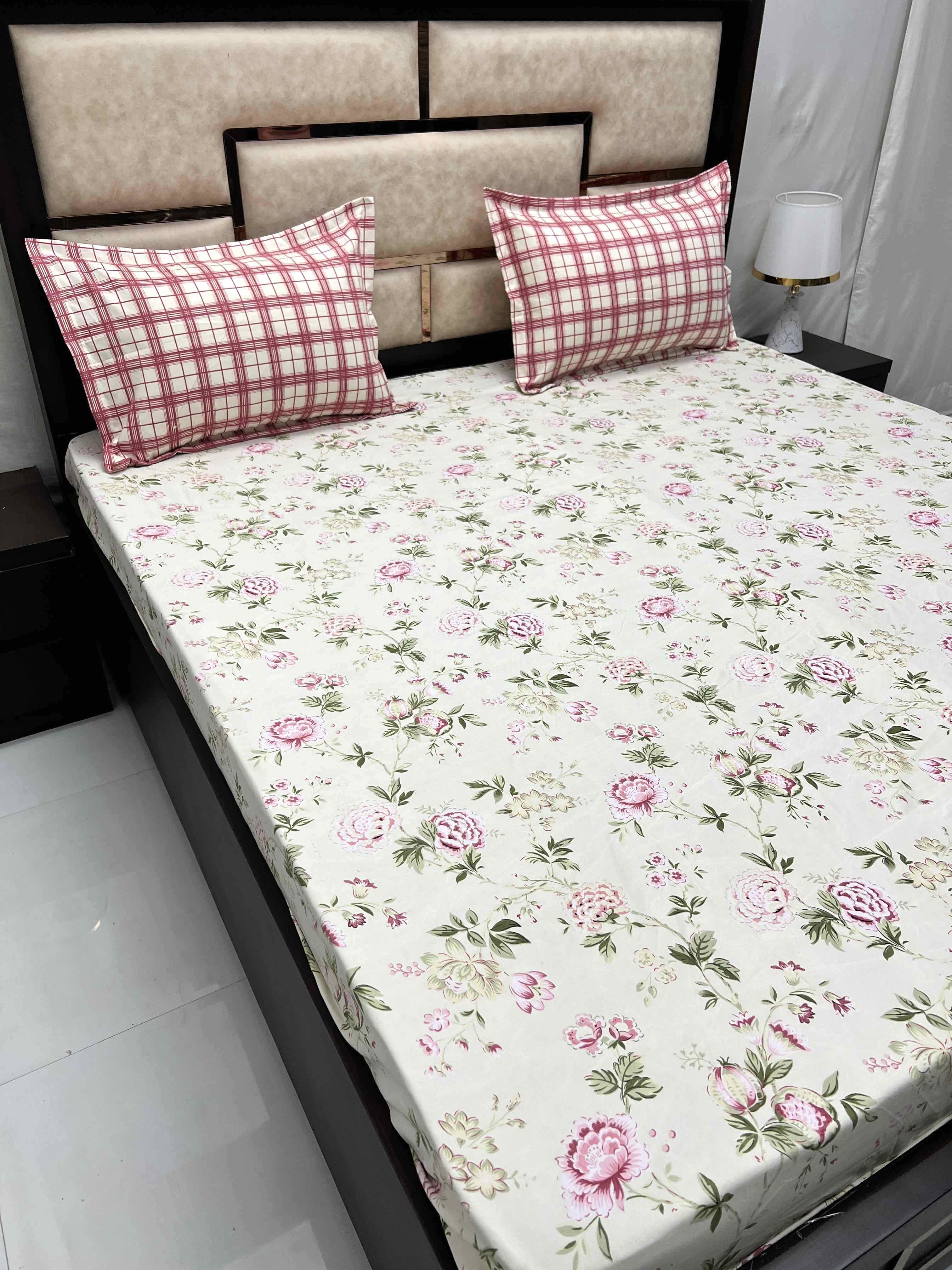 A-3453 - Poly Cotton 130 GSM King Size Double Bedsheet (274X274) with Two Pillow Covers (50X76)