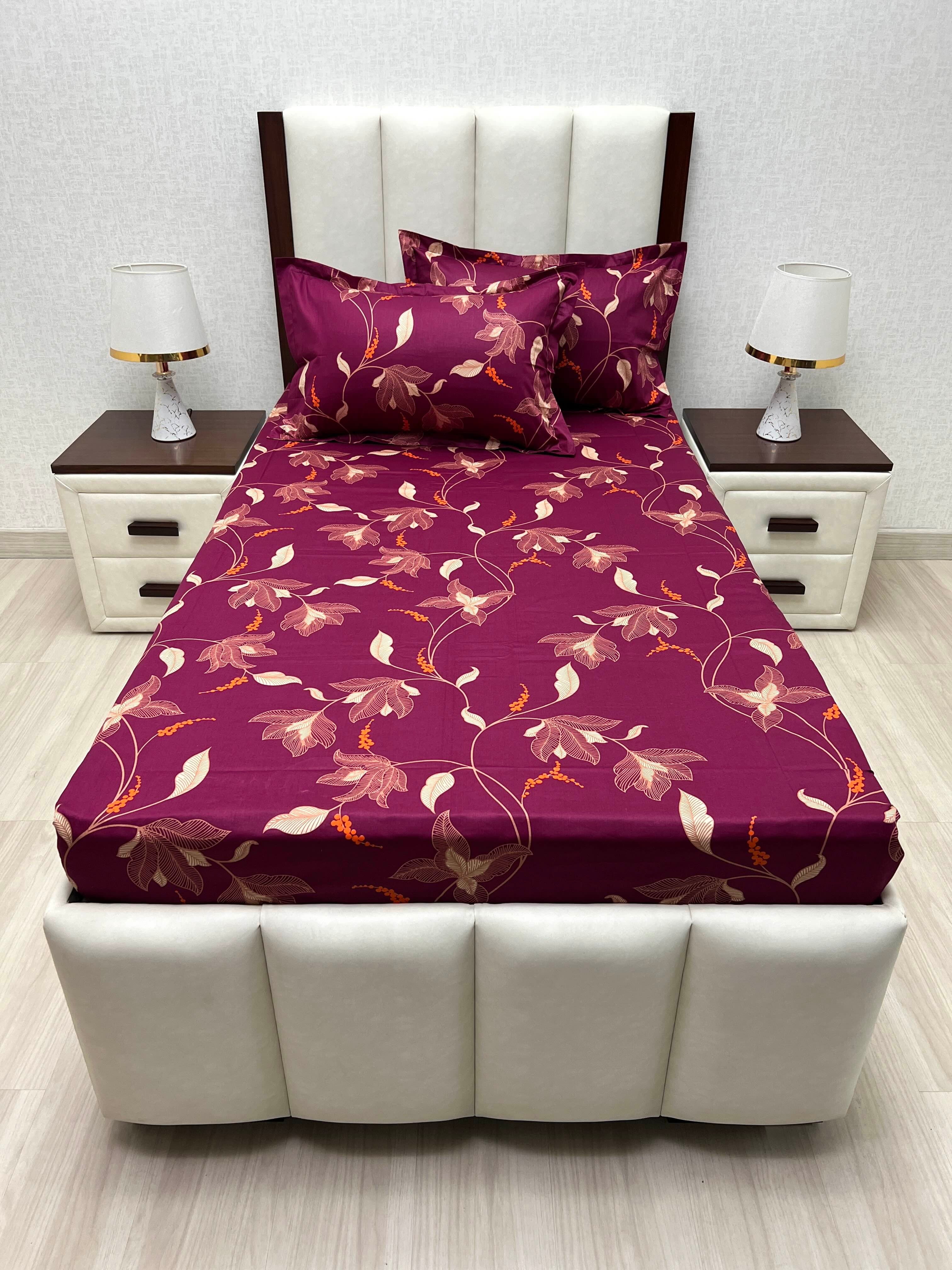 A-4874 - Pure Cotton 180 TC Single Bedsheet (173X236) with Two Pillow Covers (43X69)