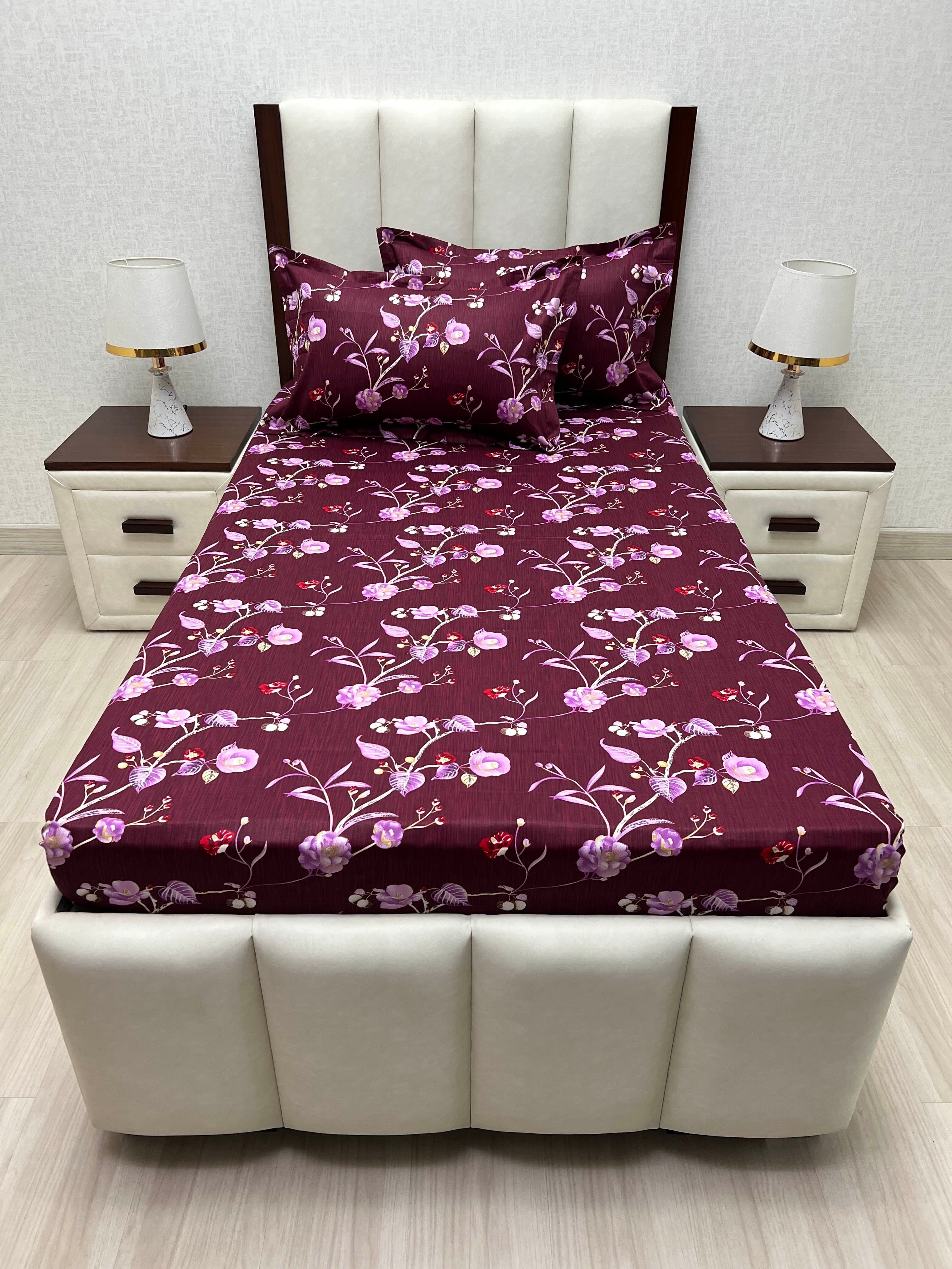 A-4878 - Pure Cotton 180 TC Single Bedsheet (173X236) with Two Pillow Covers (43X69)