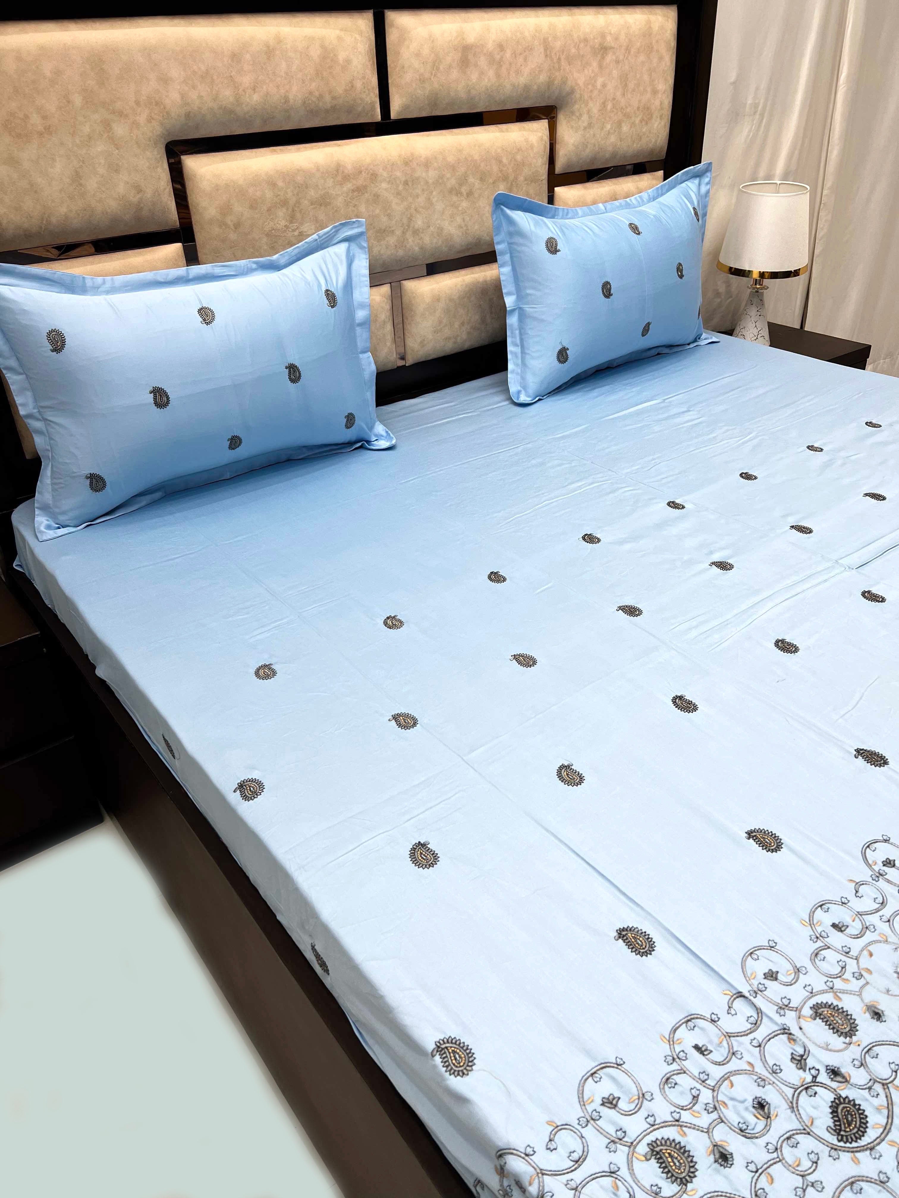 Embroidery Collection Pure Decor Pure Cotton 500 TC King Size Double Bedsheet (274X274) with Two Pillow Covers (50X76)